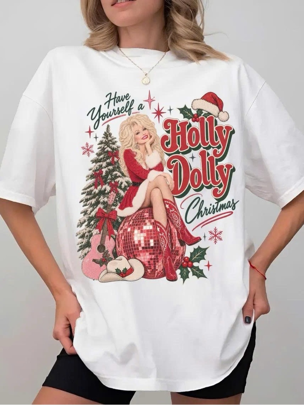 Holly Dolly Christmas Graphic Tee - White